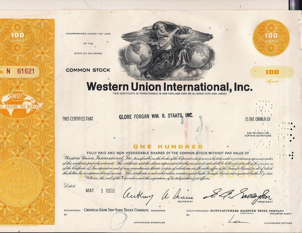 Certificado de stock Western Union Delaware 100 acciones años 60-70 Foto 1 de 1