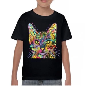 Dean Russo Shiva Cat Stare Youth T-shirt Neon Mosaic Colorful Kitten Eyes Kids - Picture 1 of 50