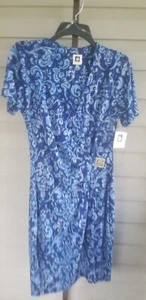 ANN KLEIN Jersey Short Sleeve Dress 8 Blue Combo Faux Wrap Sheath LOGO NWT$99 - Picture 1 of 9