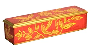 Hand Painted Wood Box 11" Long Gold & Red Leaf Design - Picture 1 of 8