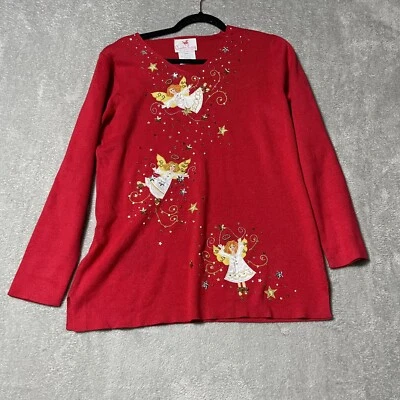 Vtg Quacker Factory Christmas Sweater Womens Small Red Angel Embellished V Neck - Image 1 of 4