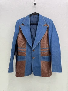 Vintage OUI International Men's Blue Brown Denim Leather Western Blazer Size 42 - Picture 1 of 11