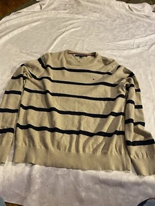 Tommy Hilfiger Women’s Tan & Navy Striped Sweater Sz L, EUC Ribbed Cuffs & Cuffs - Picture 1 of 6