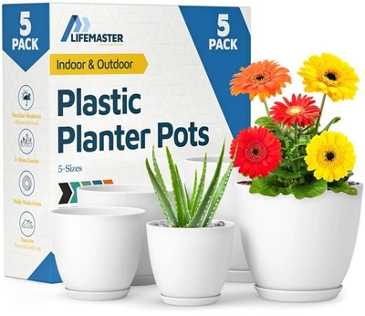 Pack de 5 Macetas Blancas Tamaños Surtidos para Plantación Interior y Exterior Foto 1 de 4