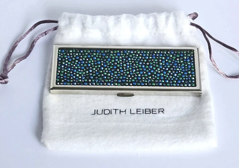 JUDITH LEIBER Slim Compact Pocket Mirror Austria Crystal Green Blue Dots Silver - Image 1 of 4