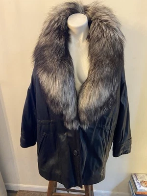 Chaqueta de cuero suave negra vintage Y2K cuello de piel talla XL para mujer Foto 1 de 4