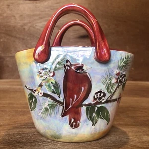 Hermosa cesta de cerámica con tema de invierno cardinal, mango, dolomita - Imagen 1 de 7