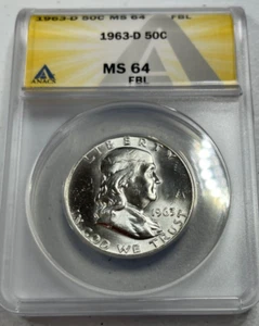 1963-D Franklin US Half Dollar, MS64 by ANACS, FBL, SUPERB looking coin!! - Picture 1 of 6