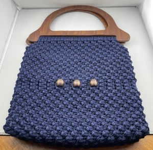Vintage Navy Macrame Purse handbag With Brown Plastic Handles And Wood Beads - Picture 1 of 19