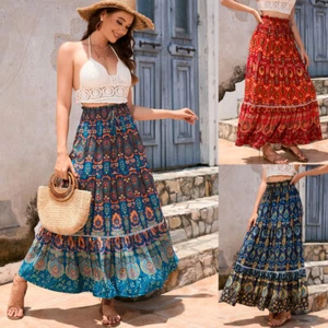 Women Boho Floral Long Maxi Skirt Ladies High Waist Beach Ruffle Swing Dress 、 - Picture 1 of 24