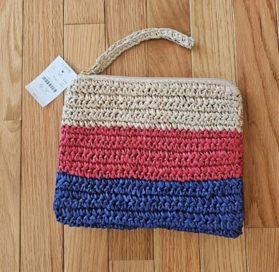 J.Crew заводской в полоску Raffia кошелек с ремешком застежки сумка синий розовый новый с Ярлыками розничной $49 - Изображение 1 из 4