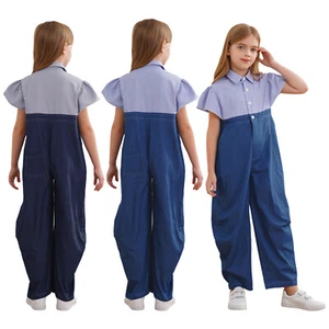 Kids Girls Full Length Jeans Overall Casual Rompers Stripe Patchwork One-Piece - Picture 1 of 20