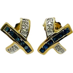 Genuine Natural Blue Sapphires & Diamonds Stud X Earrings (1356) - Picture 1 of 5