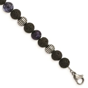 Stainless Steel Antiqued & Polished Lava Stone/Sodalite w/1in ext Bracelet - Picture 1 of 3