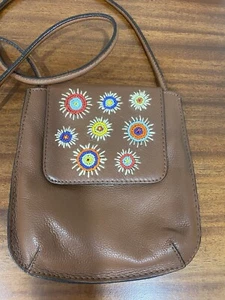 Fossil Purse Pebbled Leather Brown Crossbody With Beaded Flowers. - Picture 1 of 20