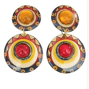Signed DCZ Red Yellow Lucite Cab, Resin Blue Statement Disc Clip-On Earrings, M2 - Picture 1 of 7