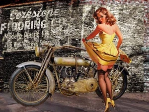 Vintage Harley Davidson Motorcycle with Pin Up in Yellow Dress Rustic Metal Sign - Picture 1 of 1