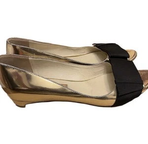 Rupert Sanderson London Gold Mirror Open Toe Black Bow Retro Style Flats. - Picture 1 of 10