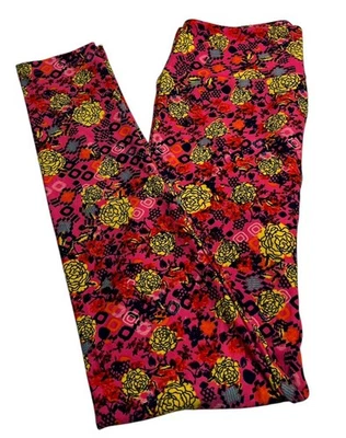 LuLaRoe Leggings OS One Size Floral Bright PINK Retro GEOMETRIC Chevron Stretchy - Image 1 of 4