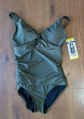 Traje de baño de una pieza para mujer DKNY con ojo de cerradura torcido verde musgo pequeño nuevo con etiquetas Foto 1 de 4
