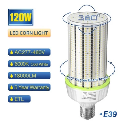 LED Corn Light Bulb 120W 277-480V Parking Lot Street Area Lights E39 Mogul Base - Image 1 of 4