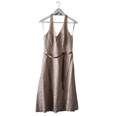 Davids Bridal Blush Pink & Gold Abstract Textured Halter Neck Dress w Belt -10 - Image 1 of 4