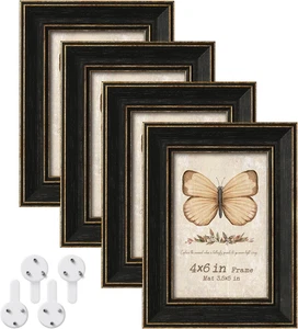 Black 4X6 Picture Frames, Rustic Distressed 4 X 6 Photo Frame Set of 4, Vintage  - Picture 1 of 12