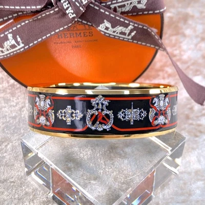 Brazalete Brazalete Vintage Hermes Paris Negro Rojo Esmalte Caballo Borde Dorado 65 con Caja Foto 1 de 4