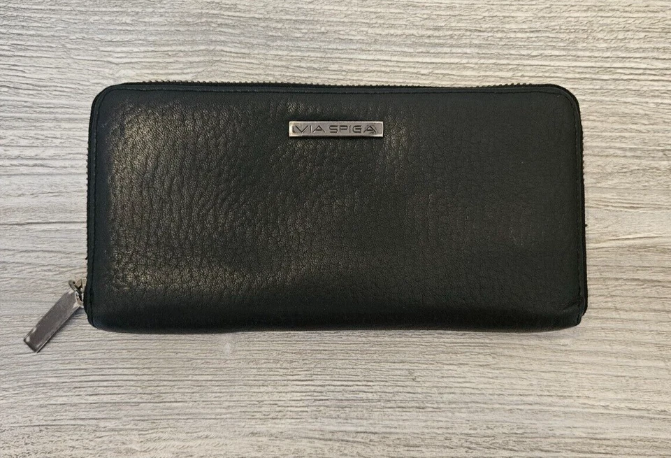 Vintage Via Spiga Black 100% Leather Zip Around Wallet Classic Foto 1 de 4