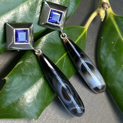 Vintage Teardrop Earrings Estate Fine Jewelry Pre-Owned 18K Gold Iolite Agate - Image 1 of 4