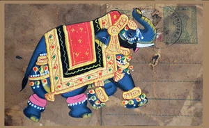 Postal antigua de colección India con pintura en miniatura de elefante - Imagen 1 de 2