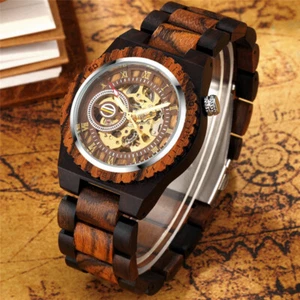 Handmade Men's Wooden Watch Automatic Mechanical Wristwatch Skeleton Watches - Picture 1 of 8