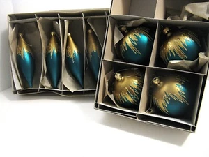 8 Vintage türkis/türkis gold Glitzer Glaskugeln & Tropfen Weihnachtsschmuck - Bild 1 von 3