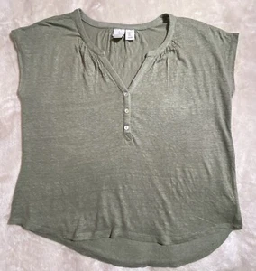 Joie Women Large Linen TShirt Top Sage Green Tee Lagenlook Coastal Boho V Neck - Picture 1 of 6