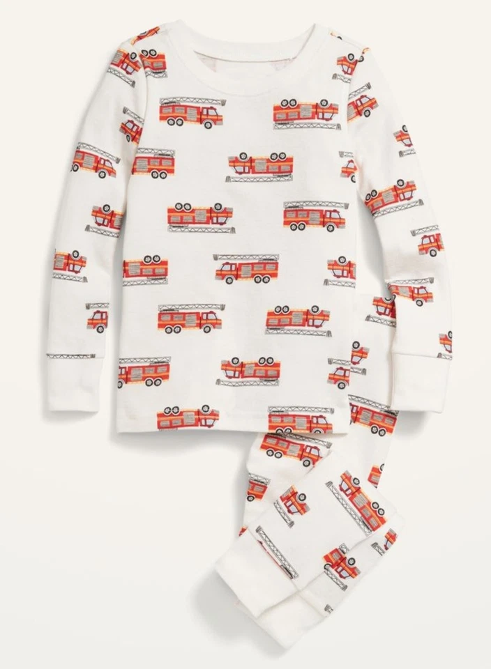 Antiguo conjunto de pijama azul marino unisex ajuste ceñido estampado camión de bomberos talla 5T Foto 1 de 1