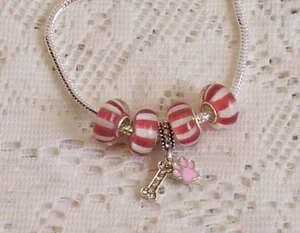 Pink Puppy Paw Print & Dog Bone, Pink & White Beads Charms - Picture 1 of 2