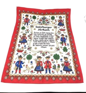 Vtg 1980's Salzburger Nockerl Recipe Red  Tea Towel Austria Cotton Folk Art - Picture 1 of 11
