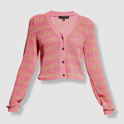$325 Rag & Bone Women's Pink "Carson" Striped Crochet Cardigan Sweater Size XL - Image 1 of 4