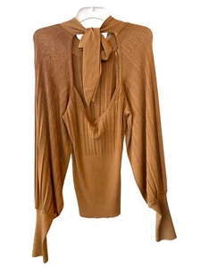 Top Zimmermann de manga larga acanalada | Latte/bronceado, tejido, mangas hinchadas, corbata trasera - Imagen 1 de 11