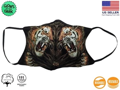Wild Tiger Glow In Dark Mask Adult Cotton + Reusable +  Washable  - Image 1 of 3