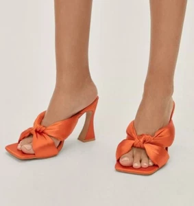 Nasty Gal Bright Orange Satin Puffy Square Toe Mule Heels 6 - Picture 1 of 9