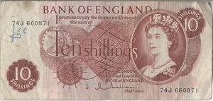 BANK OF ENGLAND BANKNOTE 10/- B265 aVF 74J 660871 - Imagen 1 de 2