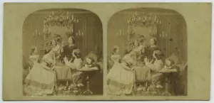 Stéréo 1860-70. Scène de genre. Jeunes femmes au salon. Jeux de société. Cartes. - Picture 1 of 3