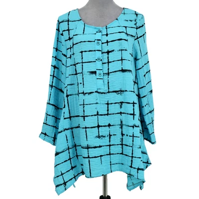 Habitat Top Womens Large Blue Black Geometric Tunic Blouse Lagenlook Oversized - Image 1 of 4