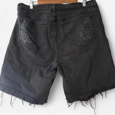 Black Distressed Frayed Denim Shorts Embellished Rhinestone Pockets Size 16w - Image 1 of 4