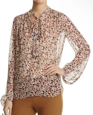 Blusa Top Theory M Bernetta 100% Seda Floral Chifón Arrugado Transparente Cuello Atado Foto 1 de 4