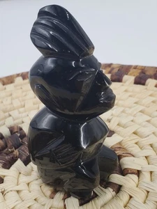 Tótem guerrero azteca piedra obsidiana brillo dorado tallado a mano escultura México  - Imagen 1 de 14