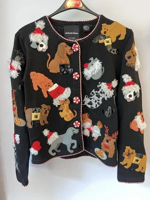 Michael Simon Vtg Christmas Santa Puppies Cardigan Sweater Small - Image 1 of 4