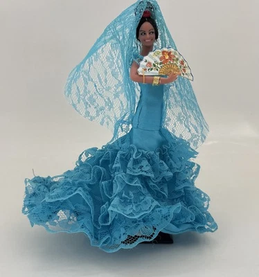 Vtg Spanish Marin Chiclana Flamenco Dancer Doll 8” Blue dress lace with stand - Image 1 of 4