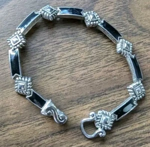 Sterling Silver Black Onyx Link Bracelet Rope Diamond Shape Western Boho - Picture 1 of 16